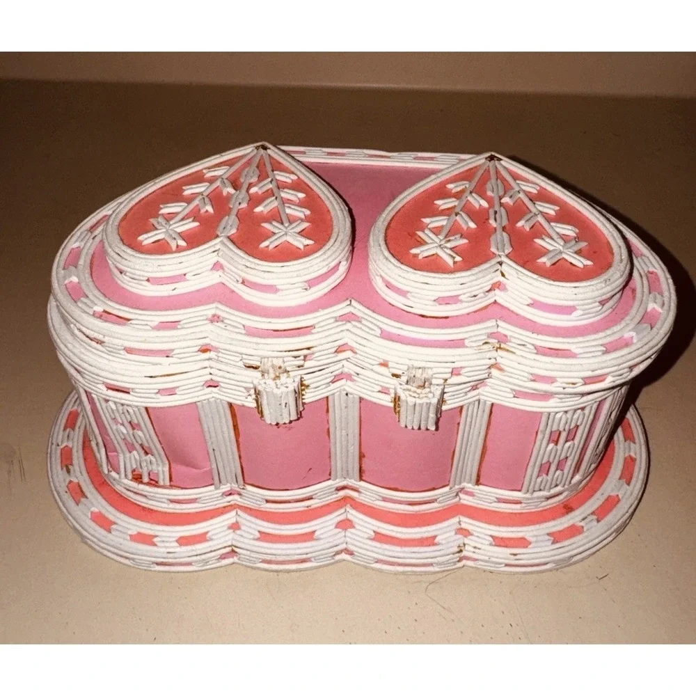 Hand Made Prison Art Heart Shaped Jewelry Box‎ Toothpicks Pink White Photo Frame